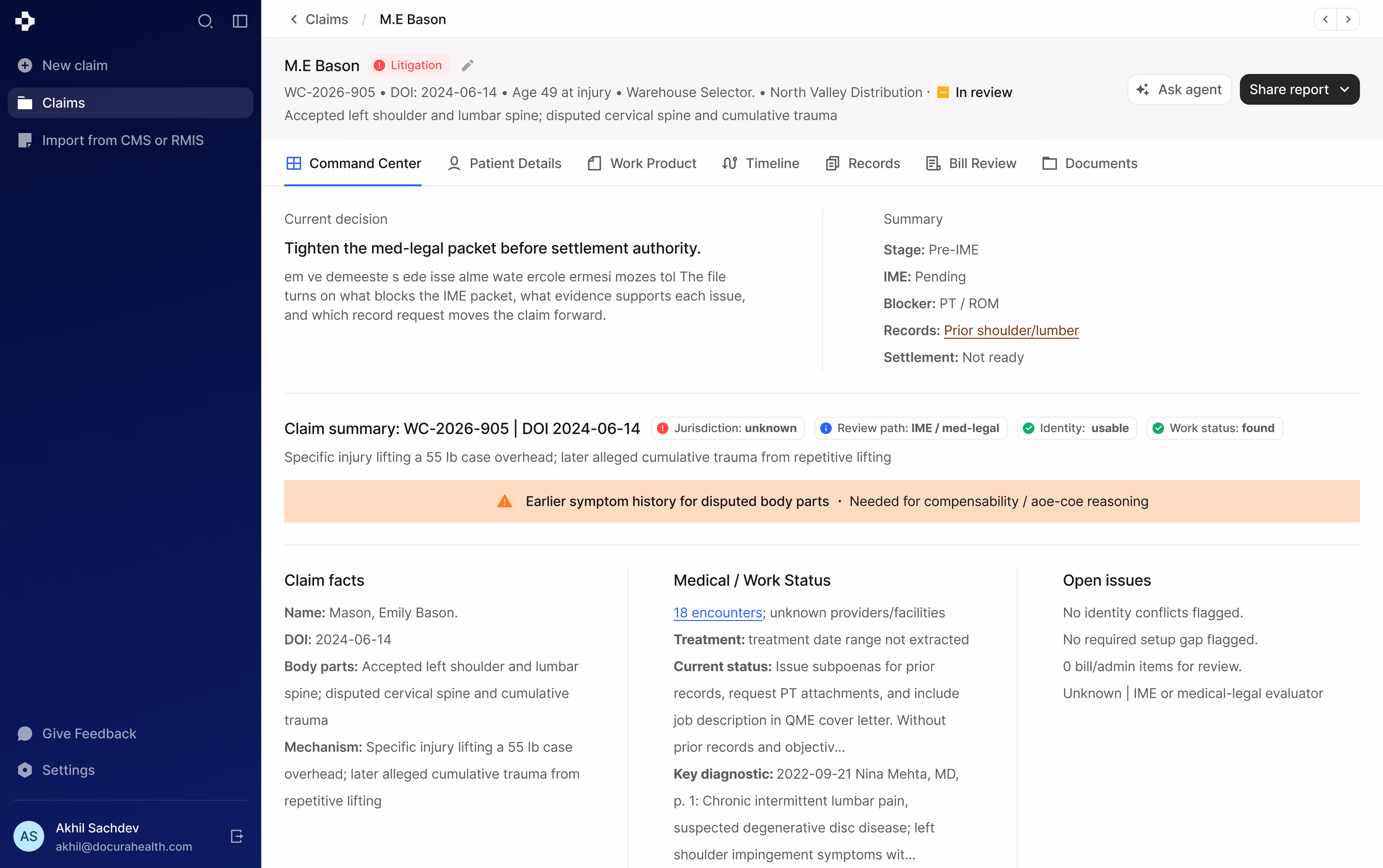 Docura claims command center showing a workers’ comp claim summary, open issues and the next decision
